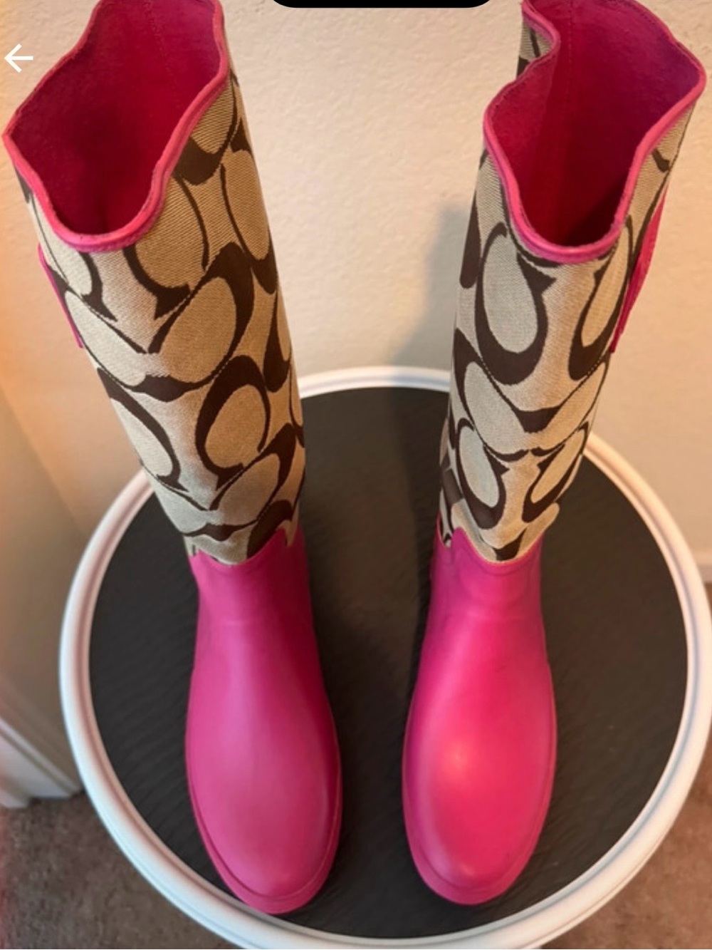 Coach Pink Rubber Rain Boots with Signature Canvas Shaft